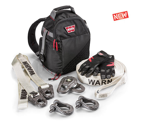 Warn EPIC Recovery Kit for winch capacities up to 12,000 lbs. Includes Two 3/4 Inch Forged Shackles; 2"x8' Tree Trunk Protector; 24,000 Pound Capacity Snatch Block; 30' Premium Recovery Strap; Pair of Gloves in a Black Modular Backpack