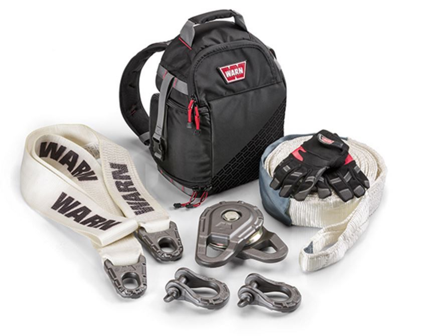Warn EPIC Recovery Kit for winch capacities up to 18,000 lbs. Includes 36,000 Pound Capacity Snatch Block; Premium Recovery Strap; Tree Trunk Protector; Two 3/4 Inch Epic Shackles; Pair of Gloves in a Black Modular Backpack