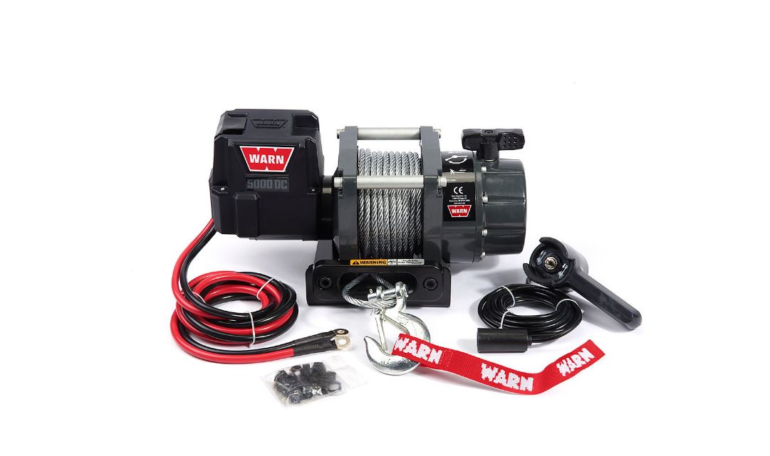 Warn CE Version; Vehicle Mounted; Trailer Winch; 12 Volt Electric; 5000 Pound Line Pull Capacity; 60 Foot Wire Rope; Hawse Fairlead; Wired Remote; Planetary Gear Drive