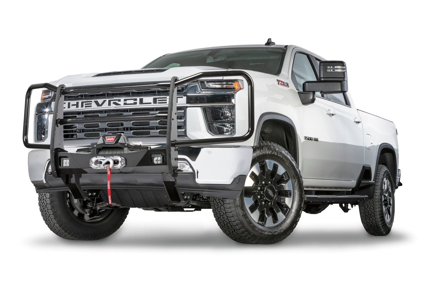 Warn Bolt-on full grille guard bundle for Trans4mer mounting system. Welded tabs allow for mounting of lights and offers increased protection for the OE bumper, winch, vehicle grille, headlights, and fenders.