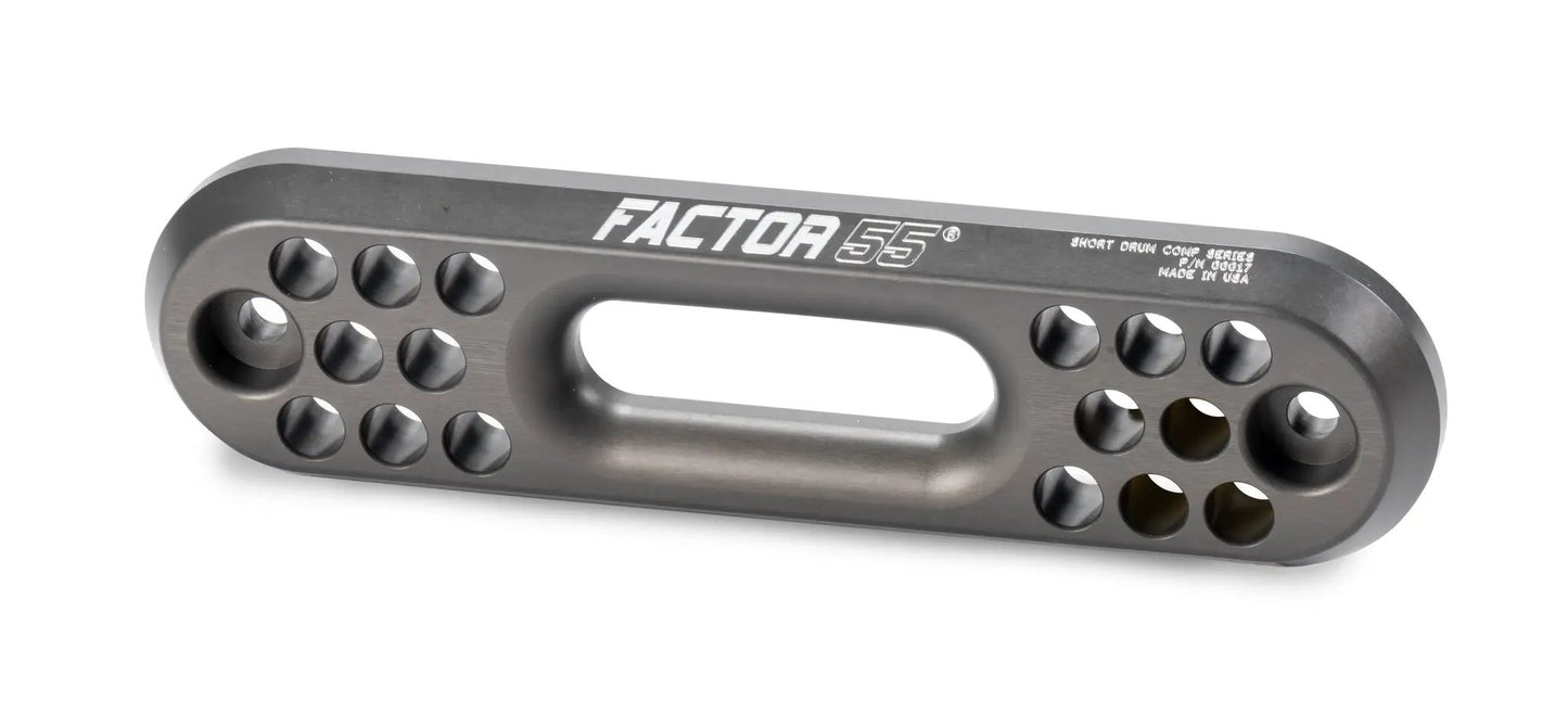Factor 55 The Short Drum Competition Hawse Fairlead is machined from 1 in thick 6000 series aluminum with a large outer fillet radius for the synthetic rope to slide against and a large opening to allow ?? tube thimbles to pass through by Factor 55