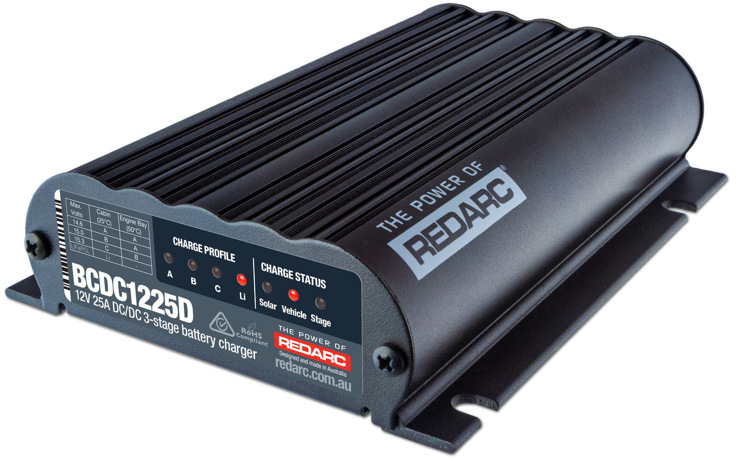 REDARC This DC-DC battery charger with solar input has been proven to work in all types of terrains, including deep water crossings, and stands up against extreme heat (up to 176 deg F)