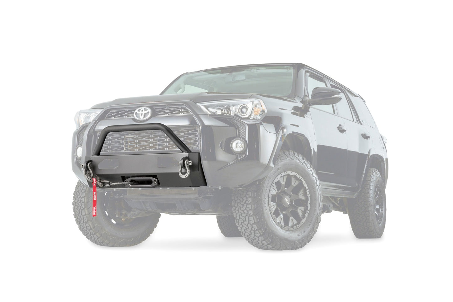 Warn Mounts WARN ZEON or VR EVO winch onto front of the Toyota 4Runner. Removes the vulnerable center section of the front bumper cover and replaces with heavy duty winch mount while retaining the factory appearance. With grille guard tube.