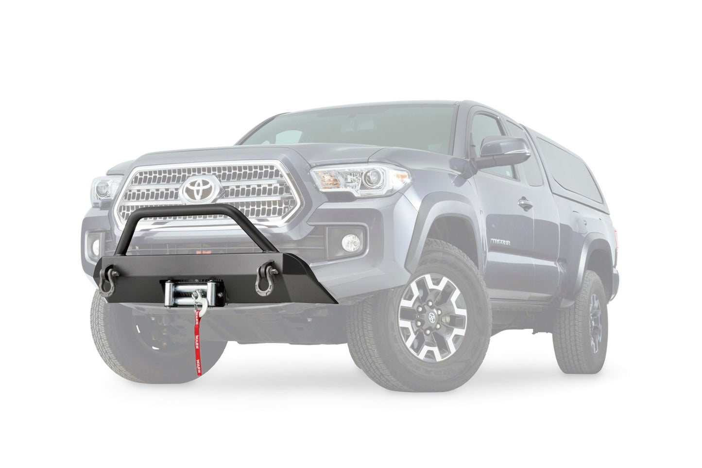 Warn Mounts WARN ZEON or VR EVO winch onto front of the Toyota Tacoma. Removes the vulnerable center section of the front bumper cover and replaces with heavy duty winch mount while retaining the factory appearance. With grille guard tube.