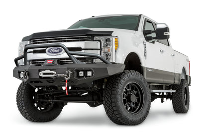 Warn Ascent Front Bumper for Ford Super Duty with prerunner grille guard featuring an integral winch mount for WARN mid-frame winches