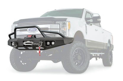 Warn Ascent Front Bumper for Ford Super Duty with prerunner grille guard featuring an integral winch mount for WARN mid-frame winches