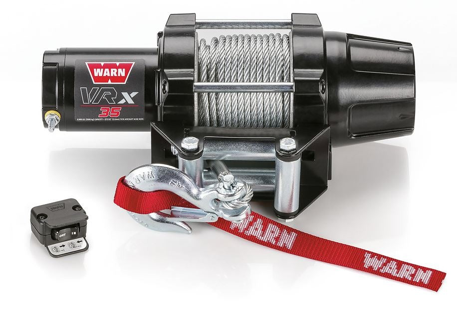 Warn Vehicle Mounted; ATVs and Side By Sides; Waterproof; 12 Volt; 3500 Pound Line Pull Capacity; 50 Foot x 7/32 Inch Steel Rope; Roller Fairlead; Handlebar Mounted Rocker Switch Control; Three-Stage Planetary Gear