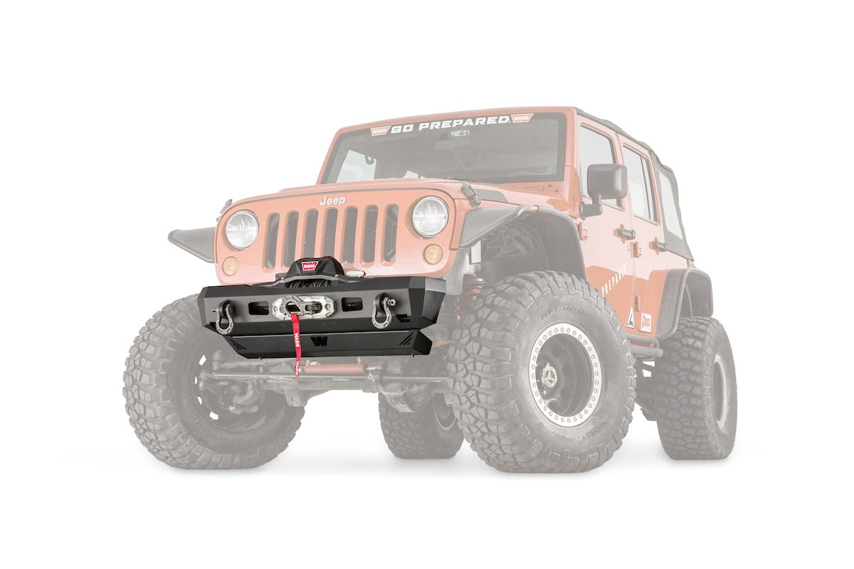 Warn Stubby Version; One Piece Design; Direct-Fit; Mounting Hardware Included; Without Grille Guard; With Internal Winch Mount; With Shackle Mounting Tabs; Without Light Cutouts; Powder Coated Black Steel