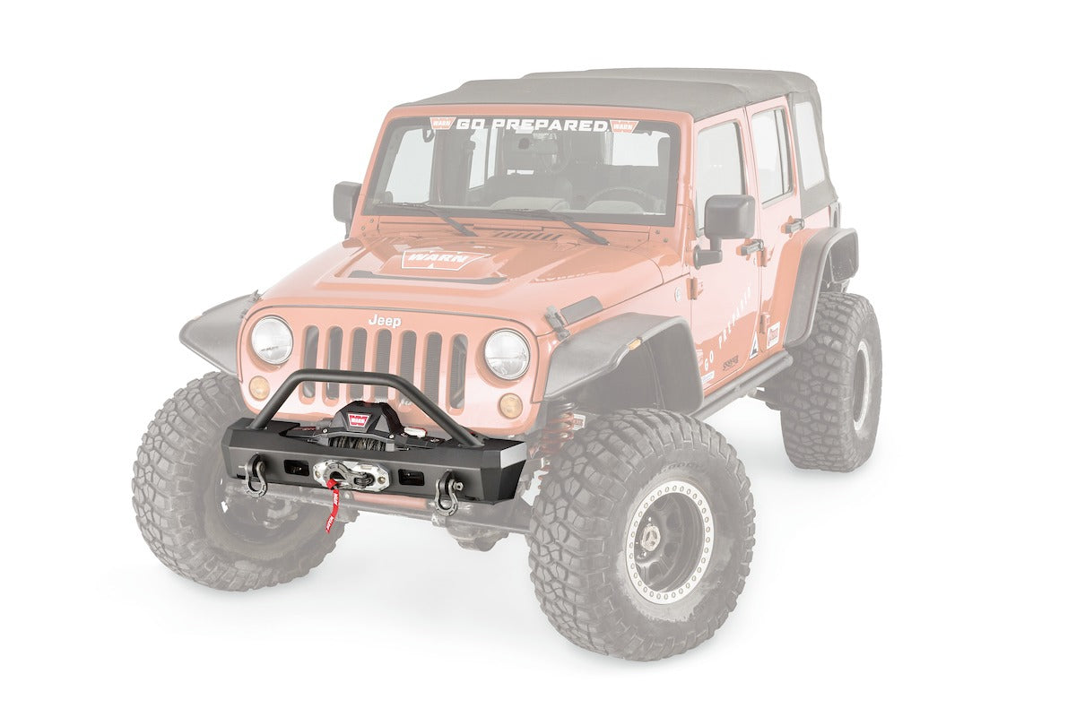 Warn Stubby Version; One Piece Design; Direct-Fit; Mounting Hardware Included; With Grille Guard; With Internal Winch Mount; With Shackle Mounting Tabs; Without Light Cutouts; Powder Coated Black Steel