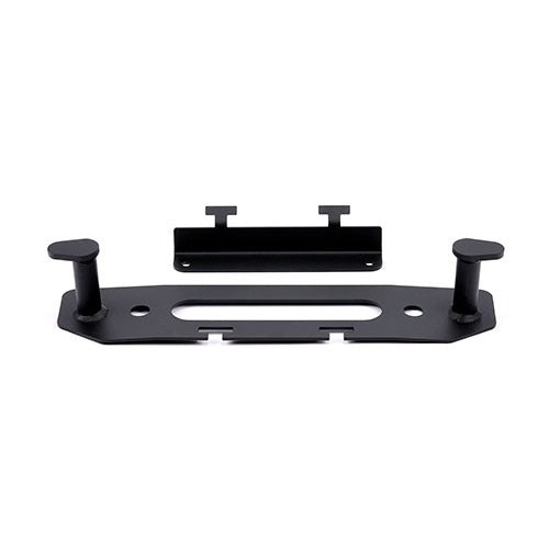 Warn Black fairlead mounting plate that fills gap in factory bumper; features stanchions for winch rope and hook and license plate mounting bracket