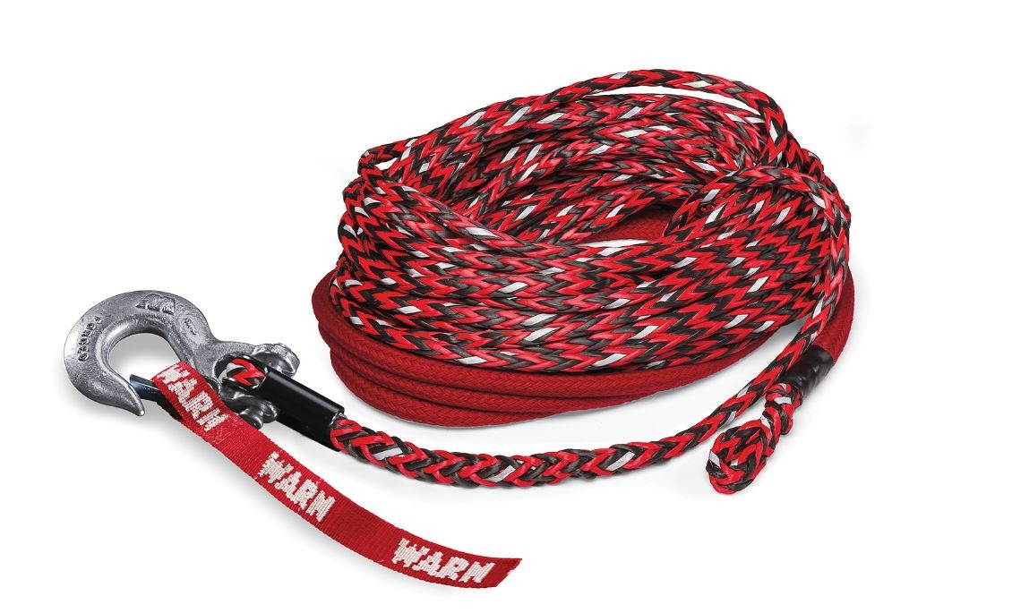 Warn Spydura Nightline (TM) synthetic rope for winches up to 12,000 lbs. (5443 kg) pulling capacity. 3/8" (9.5MM) X 80' (24.4M) Includes forged hook and hardware.