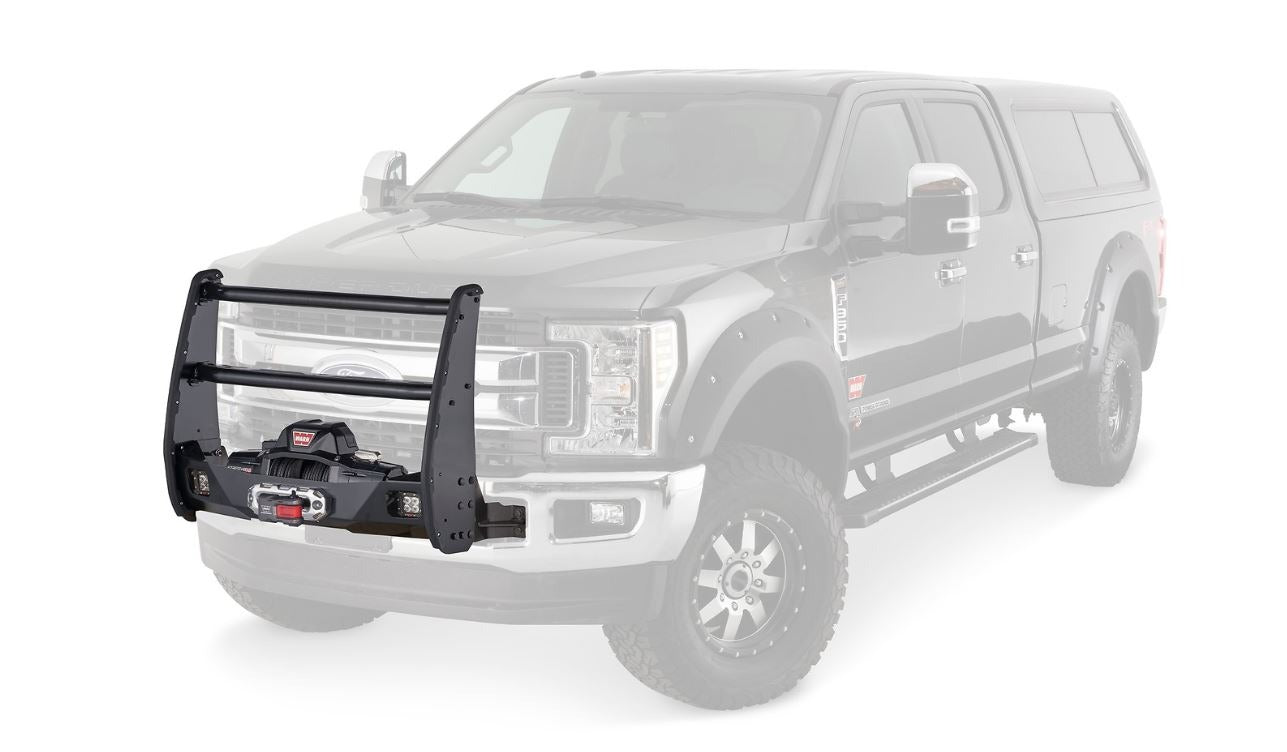 Warn Bolt-on center only grille guard bundle for Trans4mer mounting system. Welded tabs allow for mounting of lights and offers increased protection for the OE bumper, winch, and vehicle grille.