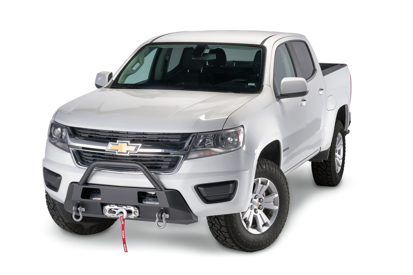 Warn Mounts WARN ZEON or VR EVO winch on the Chevrolet Colorado. Removes the vulnerable center section of the front bumper cover and replaces with heavy duty winch mount while retaining the factory appearance. With grille guard tube.