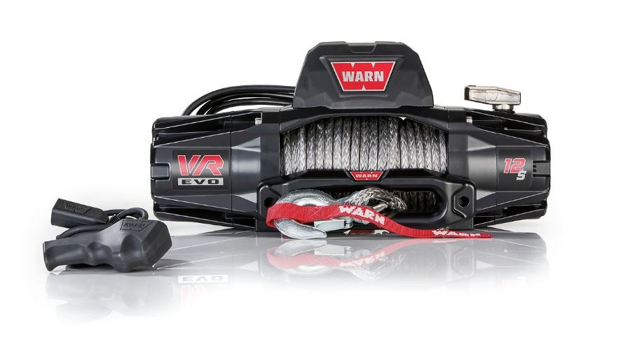 Warn Vehicle Mounted; Vehicle Recovery Winch; 12 Volt Electric; 12000 Pound Line Pull Capacity; 90 Foot Synthetic Rope; Hawse Fairlead; Wired Remote; Planetary Gear Drive; Requires Winch Carrier or Winch Mount
