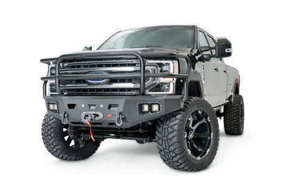 WARN Ascent HD front bumper for Ford F250/350 featuring a full grille guard and integrated winch mount that will accept large or mid-frame winches up to 18,000 lbs in capacity.