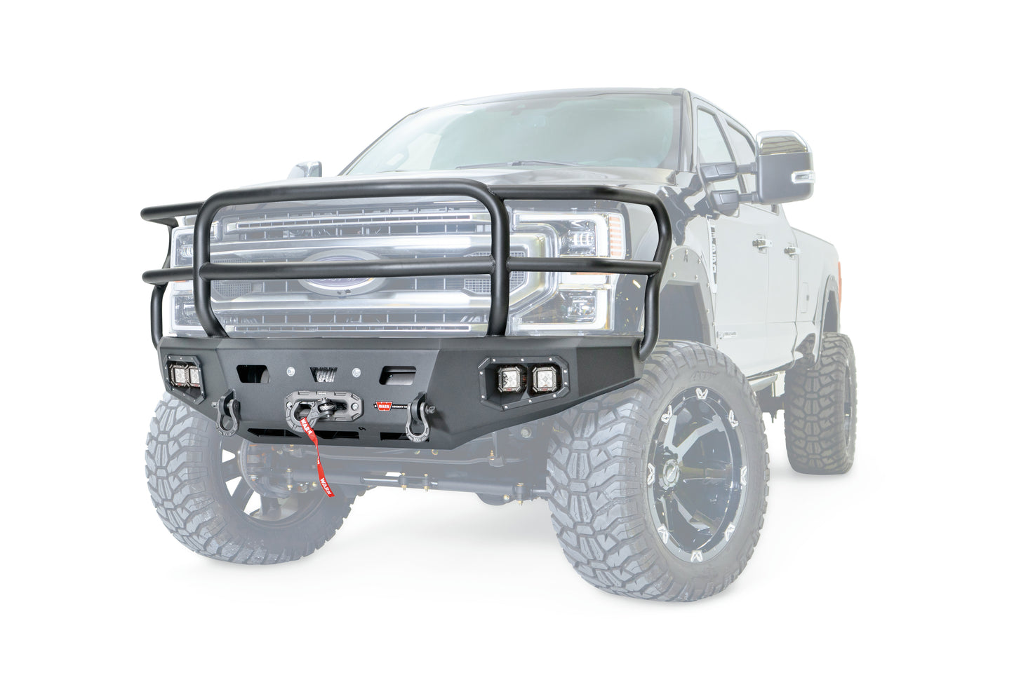 WARN Ascent HD front bumper for Ford F250/350 featuring a full grille guard and integrated winch mount that will accept large or mid-frame winches up to 18,000 lbs in capacity.
