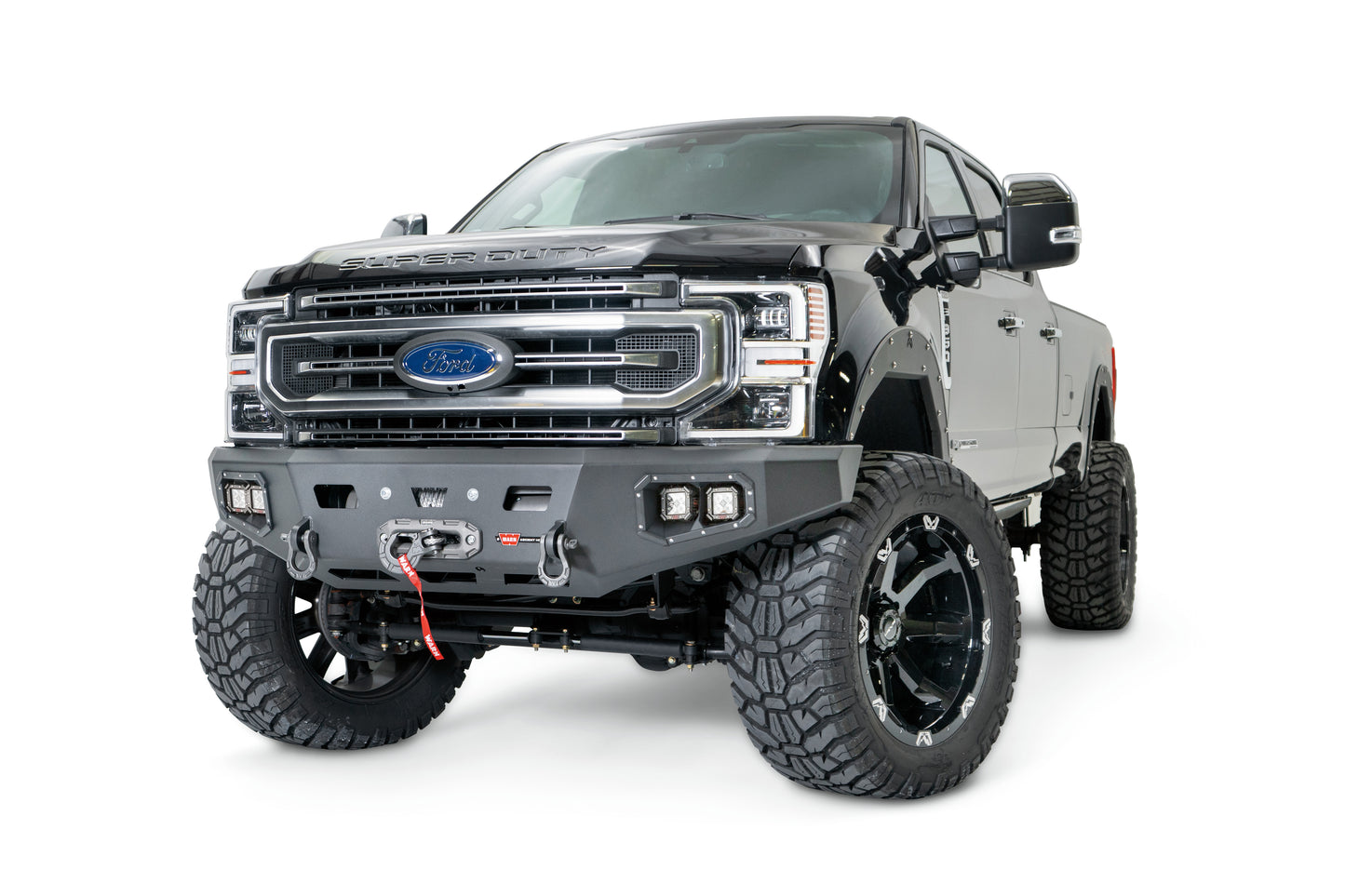 WARN Ascent HD front bumper for Ford F250/350 with integrated winch mount that will accept large or mid-frame winches up to 18,000 lbs in capacity.