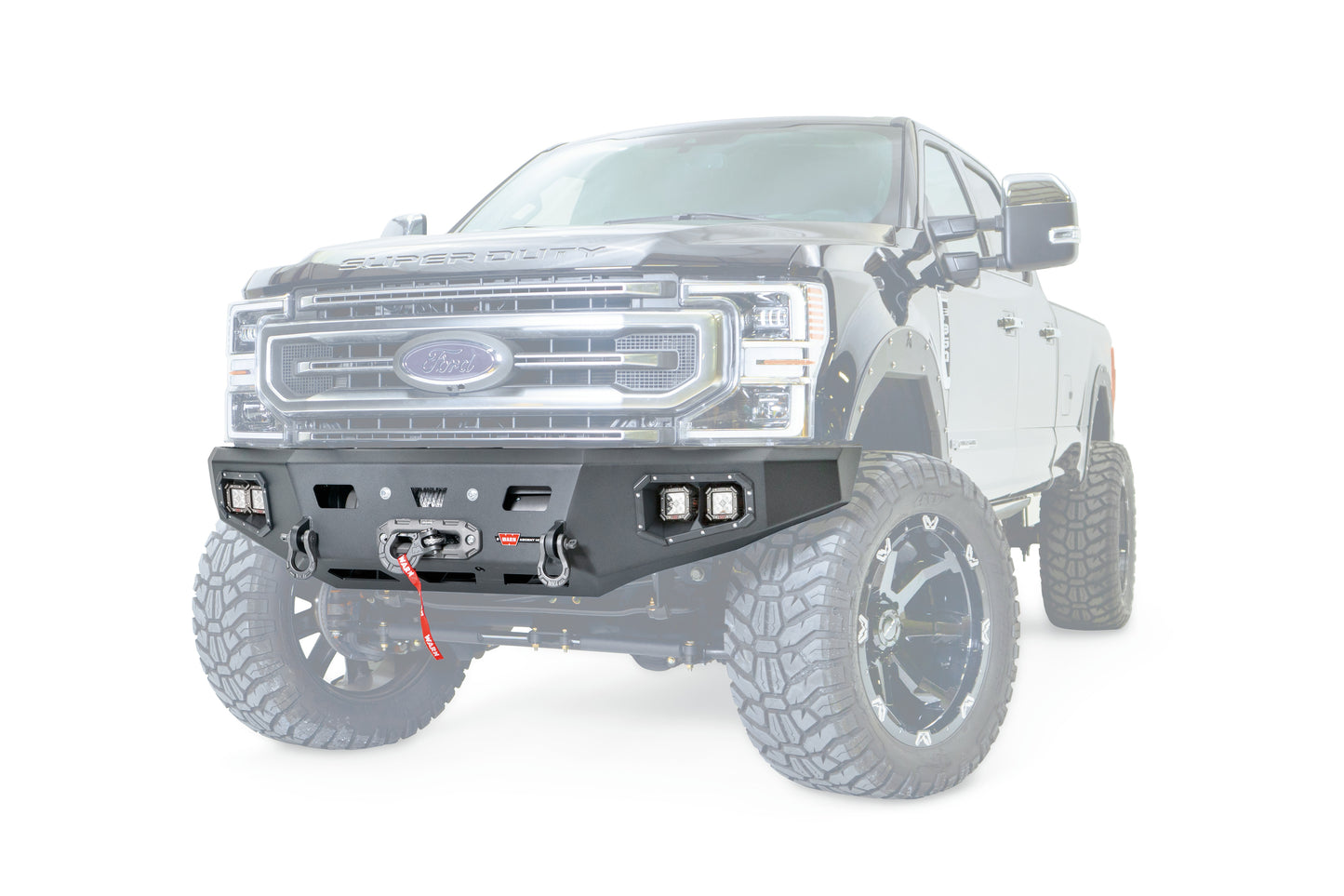 WARN Ascent HD front bumper for Ford F250/350 with integrated winch mount that will accept large or mid-frame winches up to 18,000 lbs in capacity.