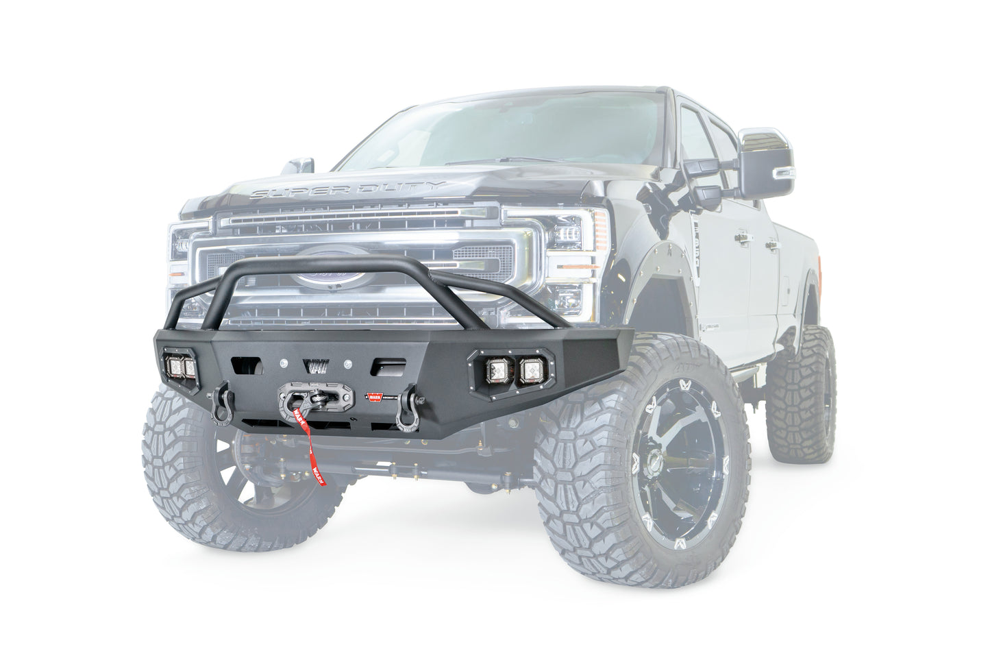 WARN Ascent HD front bumper for Ford F250/350 featuring a pre-runner style grille guard and integrated winch mount that will accept large or mid-frame winches up to 18,000 lbs in capacity.