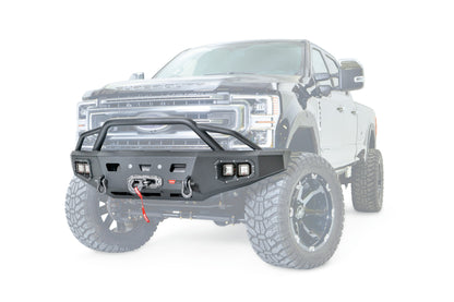 WARN Ascent HD front bumper for Ford F250/350 featuring a pre-runner style grille guard and integrated winch mount that will accept large or mid-frame winches up to 18,000 lbs in capacity.