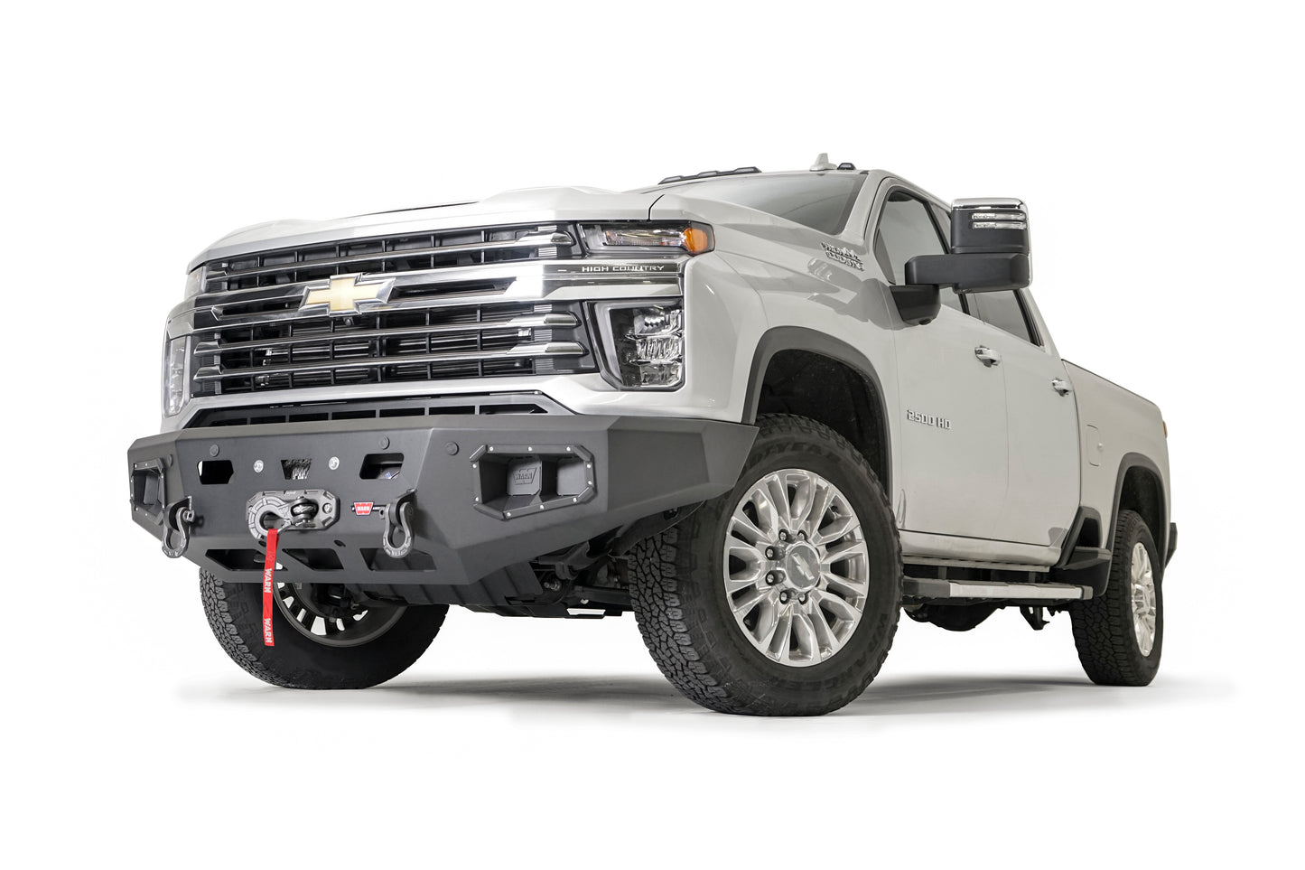 WARN Ascent HD front bumper for CHEVY 2500/3500 with integrated winch mount that will accept large or mid-frame winches up to 18,000 lbs in capacity.