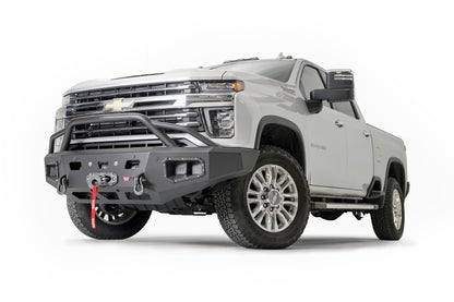 WARN Ascent HD front bumper for CHEVY 2500/3500 featuring a pre-runner style grille guard and integrated winch mount that will accept large or mid-frame winches up to 18,000 lbs in capacity.
