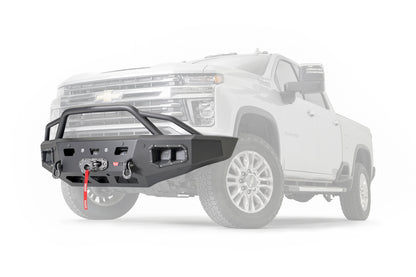WARN Ascent HD front bumper for CHEVY 2500/3500 featuring a pre-runner style grille guard and integrated winch mount that will accept large or mid-frame winches up to 18,000 lbs in capacity.