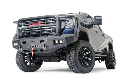 WARN Ascent HD front bumper for GMC 2500/3500 featuring a full grille guard and integrated winch mount that will accept large or mid-frame winches up to 18,000 lbs in capacity