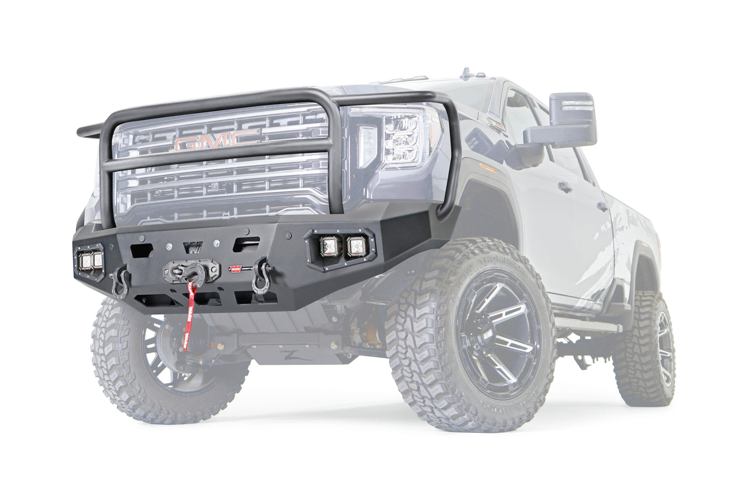 WARN Ascent HD front bumper for GMC 2500/3500 featuring a full grille guard and integrated winch mount that will accept large or mid-frame winches up to 18,000 lbs in capacity