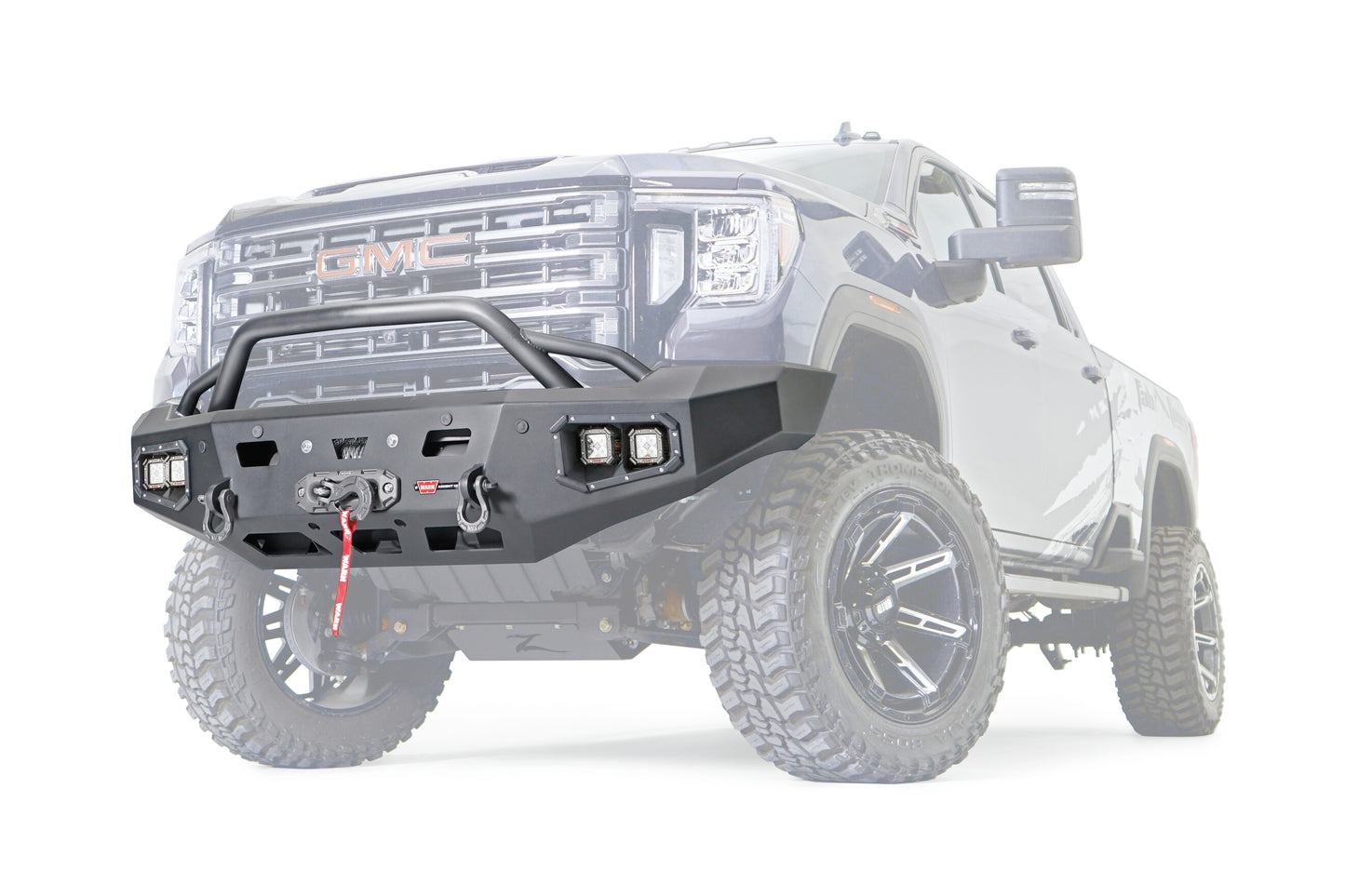 WARN Ascent HD front bumper for GMC 2500/3500 featuring a pre-runner style grille guard and integrated winch mount that will accept large or mid-frame winches up to 18,000 lbs in capacity.