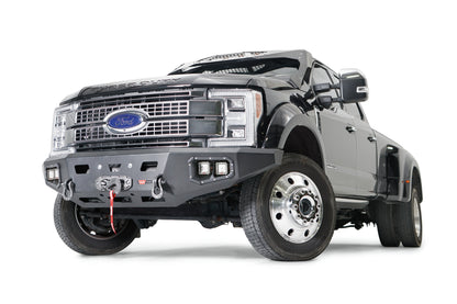 WARN Ascent HD front bumper for FORD F450/550 with integrated winch mount that will accept large or mid-frame winches up to 18,000 lbs in capacity.