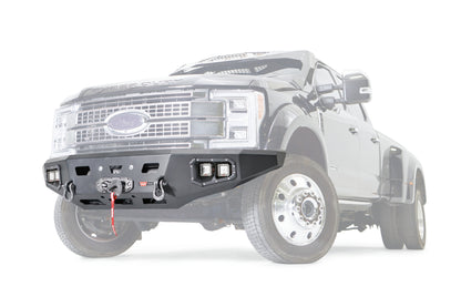 WARN Ascent HD front bumper for FORD F450/550 with integrated winch mount that will accept large or mid-frame winches up to 18,000 lbs in capacity.
