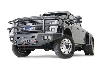 WARN Ascent HD front bumper for FORD F450/550 featuring a full grille guard and integrated winch mount that will accept large or mid-frame winches up to 18,000 lbs in capacity.