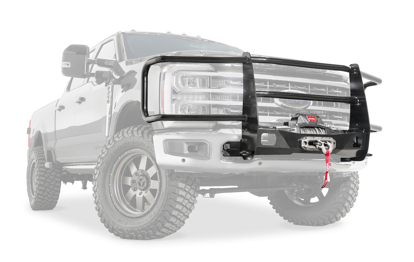 Warn Bolt-on full grille guard bundle for Trans4mer mounting system. Welded tabs allow for mounting of lights and offers increased protection for the OE bumper, winch, vehicle grille, headlights, and fenders.