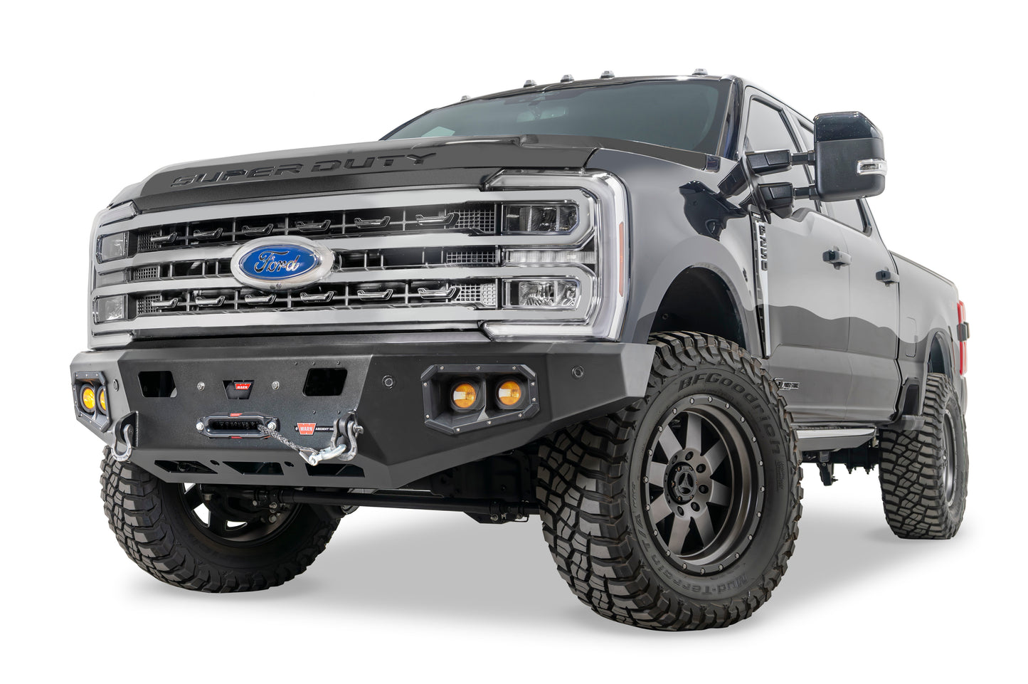 WARN Ascent HD front bumper for Ford F250-F600 with integrated winch mount that will accept large or mid-frame winches up to 18,000 lbs in capacity.
