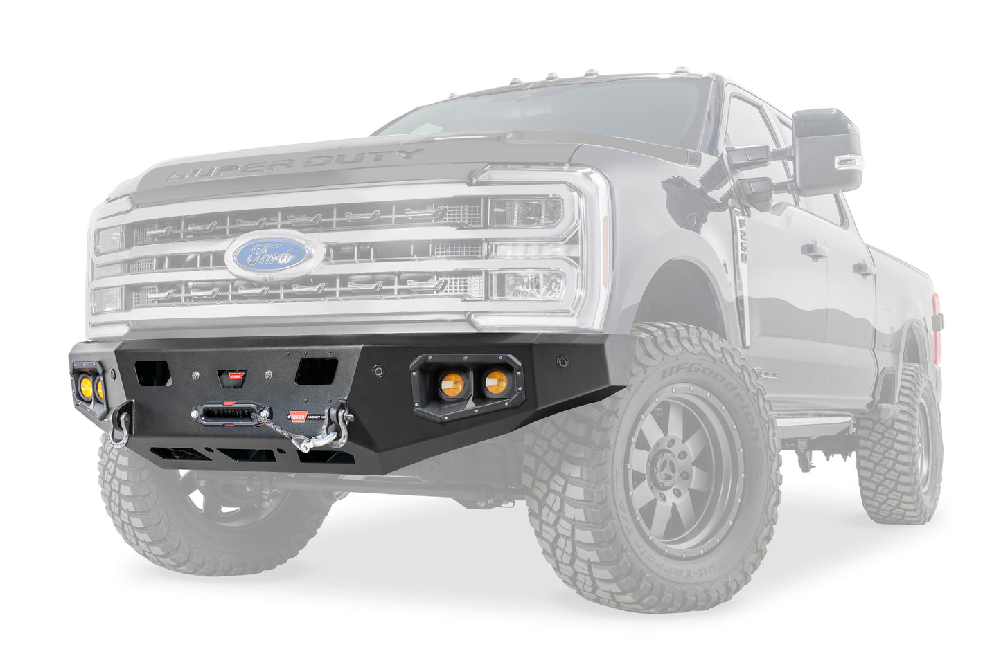 WARN Ascent HD front bumper for Ford F250-F600 with integrated winch mount that will accept large or mid-frame winches up to 18,000 lbs in capacity.