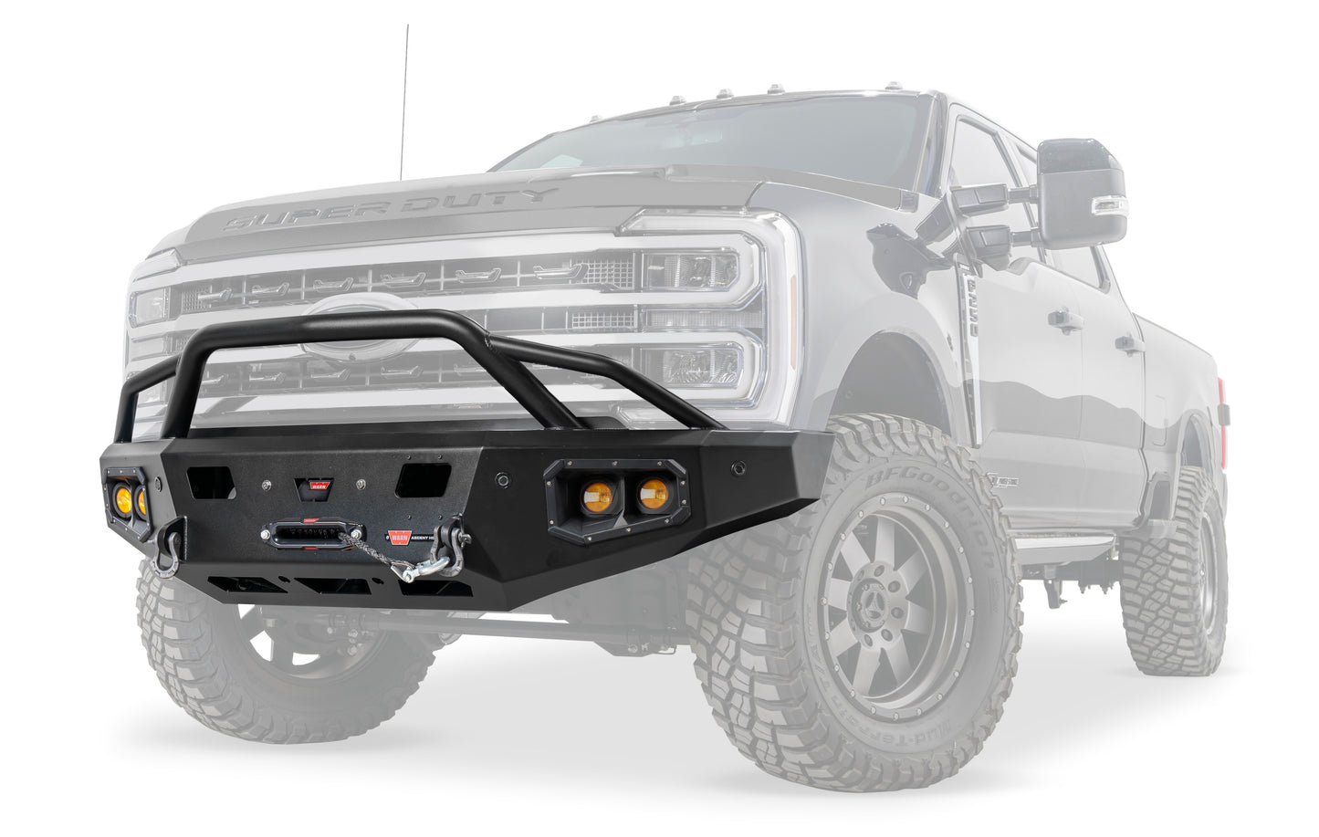 WARN Ascent HD front bumper for Ford F250 - F600 featuring a pre-runner style grille guard and integrated winch mount that will accept large or mid-frame winches up to 18,000 lbs in capacity.