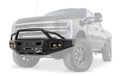 WARN Ascent HD front bumper for Ford F250 - F600 featuring a pre-runner style grille guard and integrated winch mount that will accept large or mid-frame winches up to 18,000 lbs in capacity.
