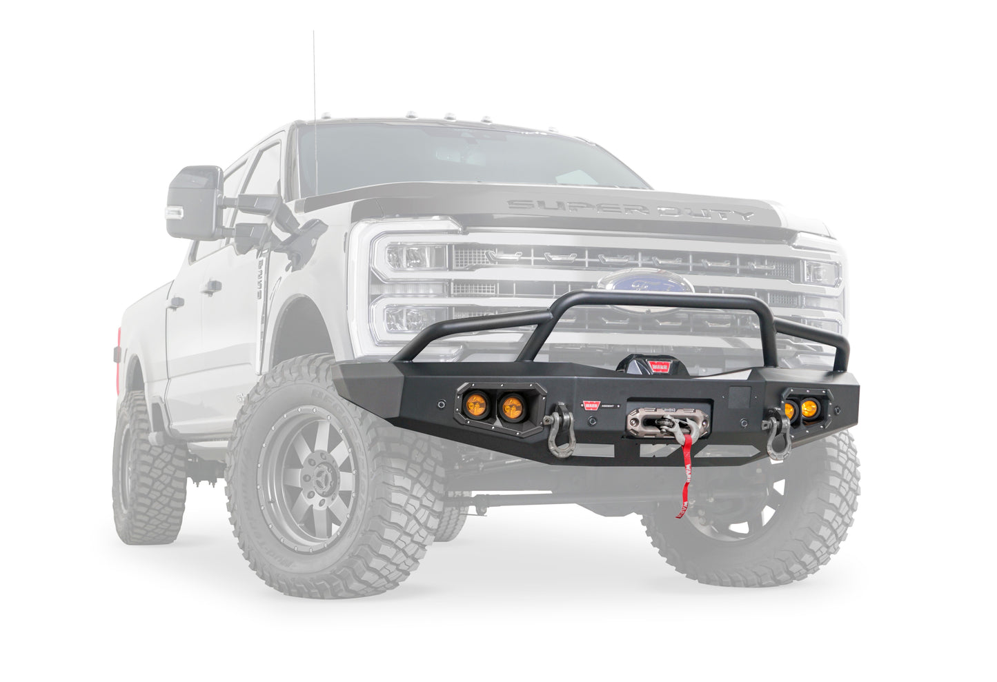 Warn Ascent Front Bumper for Ford Super Duty with prerunner grille guard featuring an integral winch mount for WARN mid-frame winches