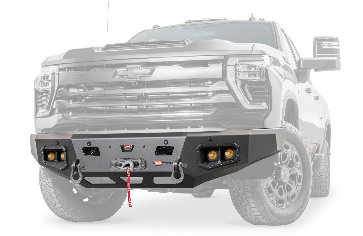 WARN Ascent HD front bumper for Chevrolet Silverado 2500HD and 3500HD featuring a pre-runner style grille guard and integrated winch mount that will accept large or mid-frame winches up to 18,000 lbs in capacity.