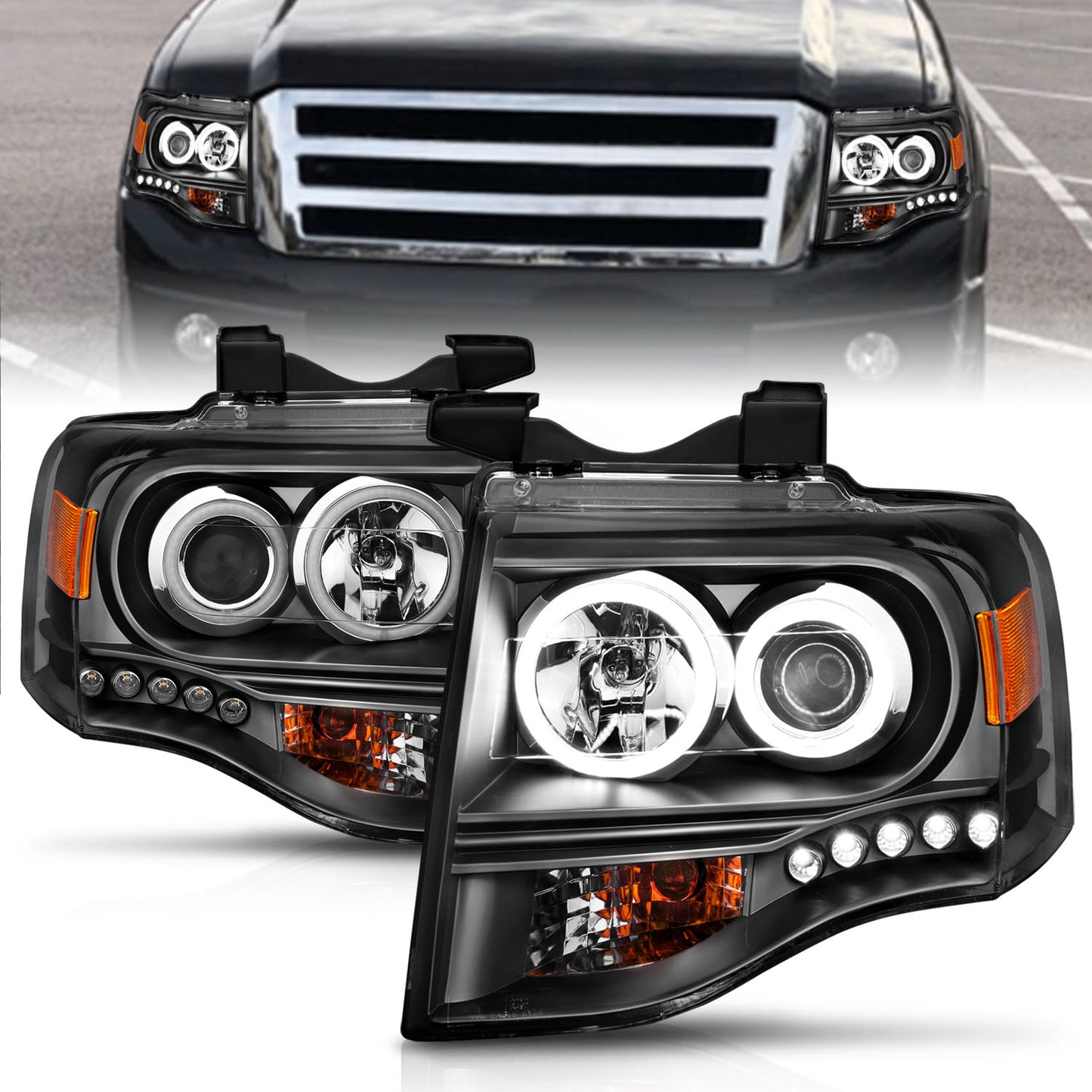 ANZO USA Projector Headlight Set w/Halo - Clear Lens - Black Housing - Pair - CCFL