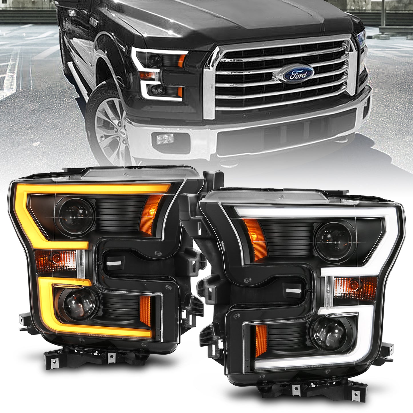 ANZO USA Projector Headlights w/ Plank Style Switchback Black w/ Amber