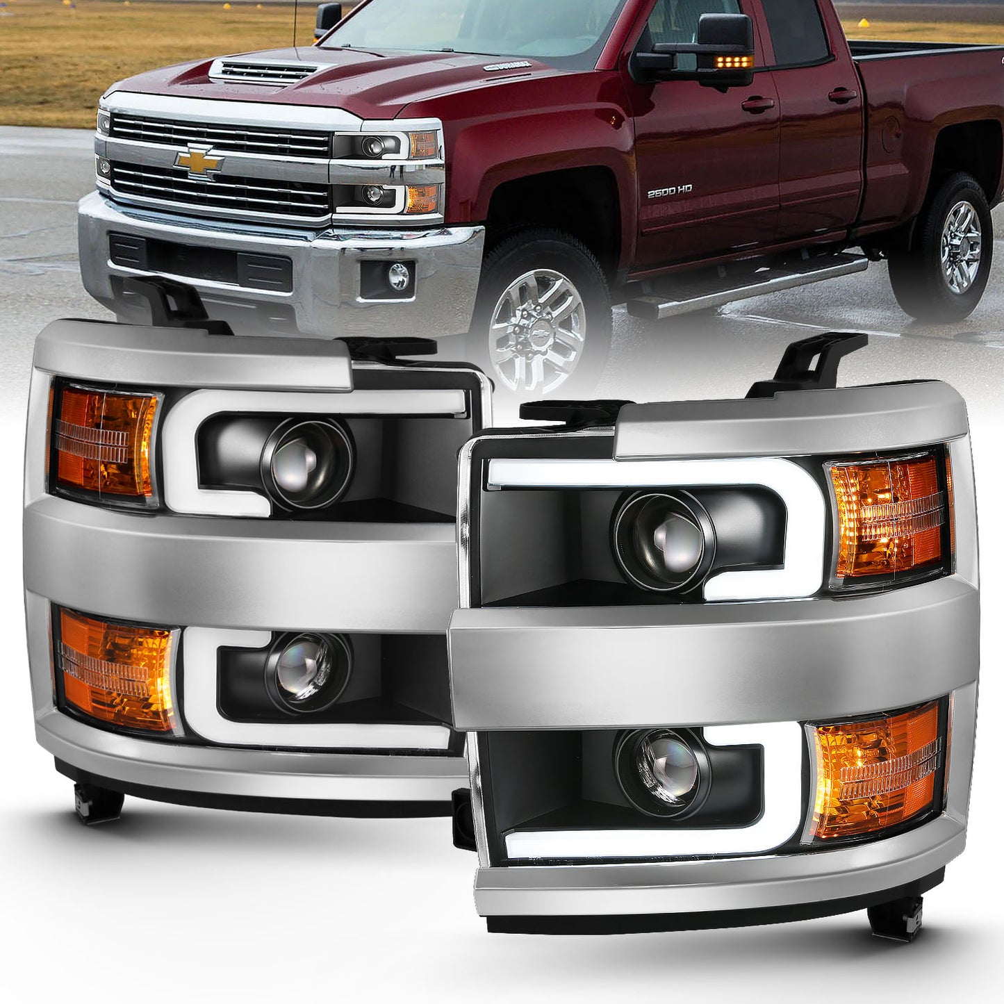 ANZO USA Projector Headlights w/ Plank Style Design Black w/ Amber