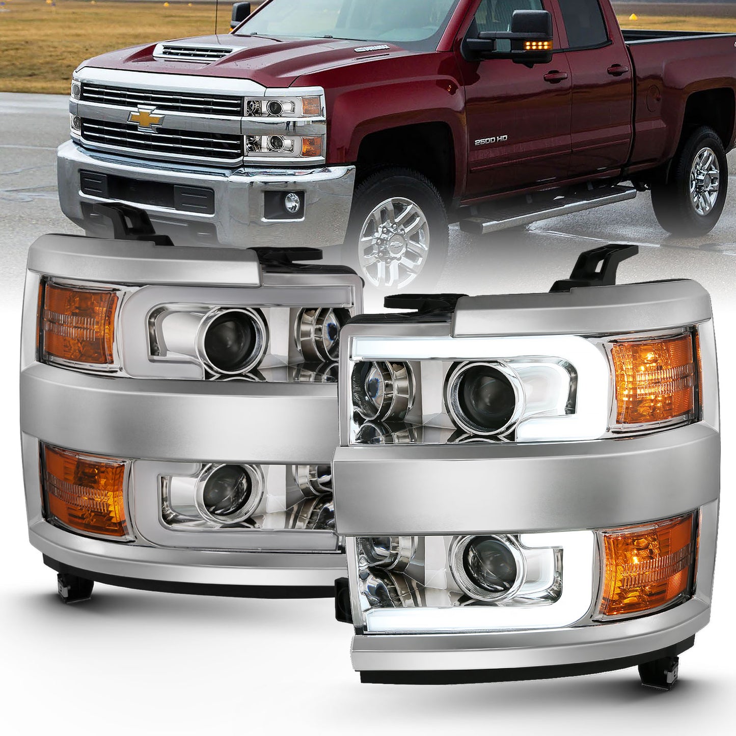 ANZO USA Projector Headlights w/ Plank Style Design Chrome w/ Amber