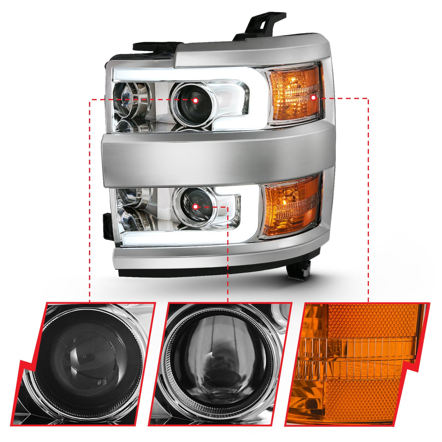 ANZO USA Projector Headlights w/ Plank Style Design Chrome w/ Amber
