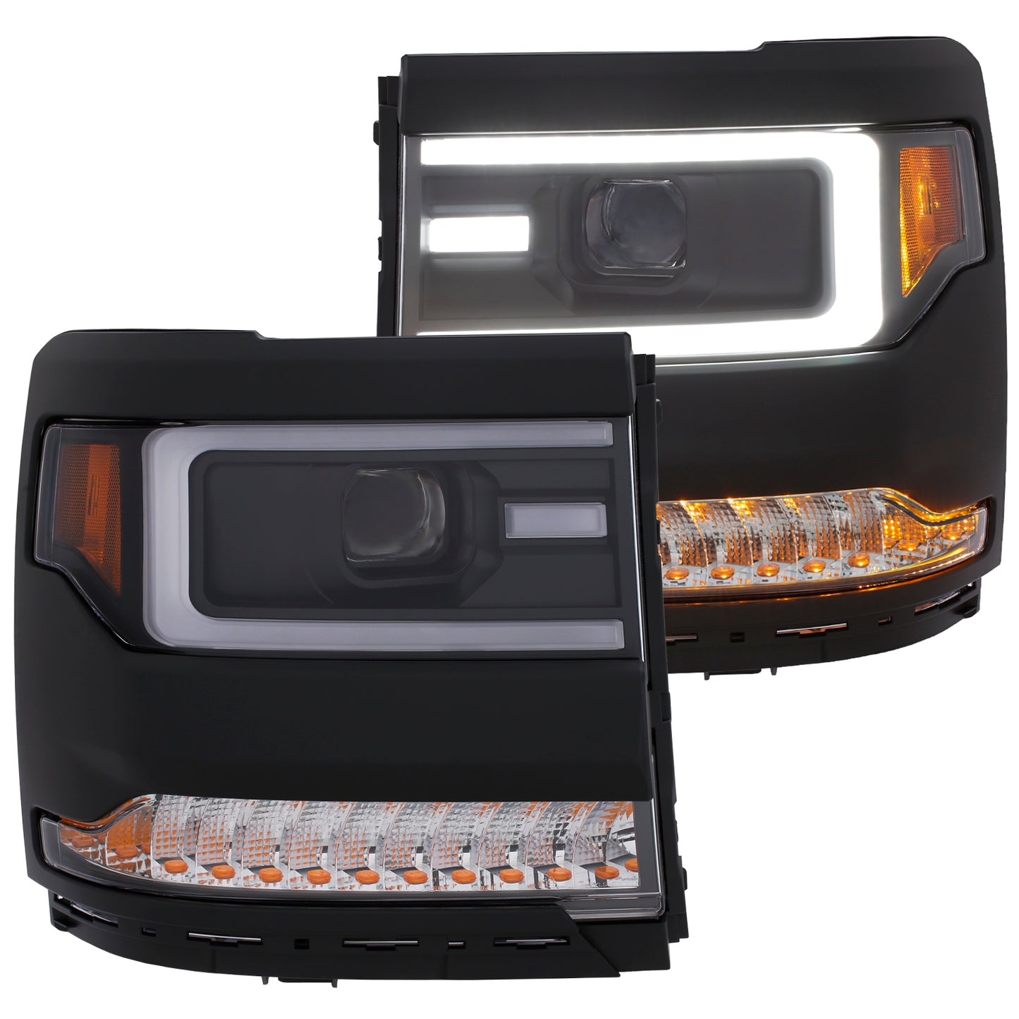 ANZO USA Pair - w/Plank Style Design w/Amber - w/o HID kits - Projector Headlight Set - Clear Lens - Black Housing