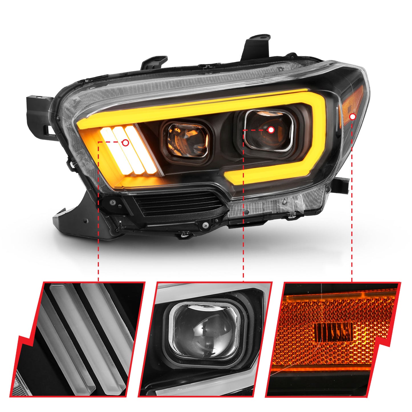 ANZO USA Projector Headlights w/ Plank Style Switchback Black w/ Amber W/ DRL