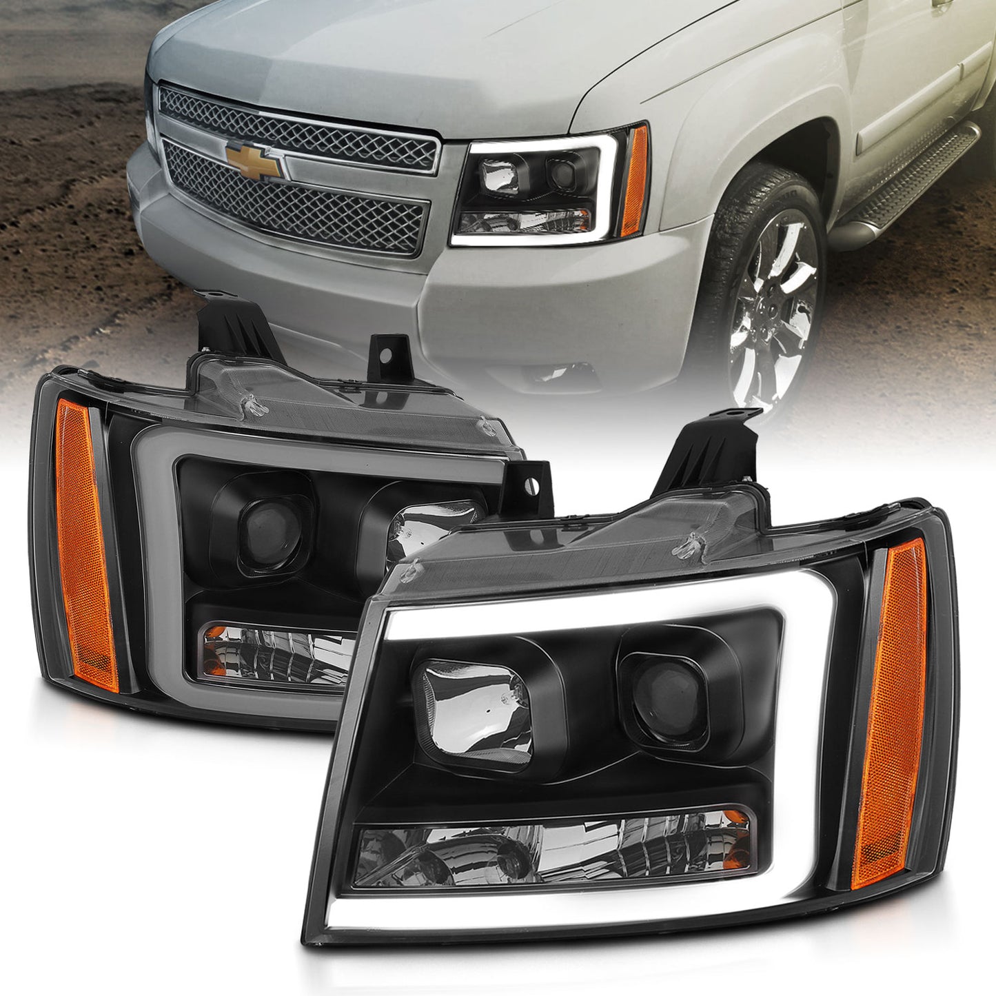 ANZO USA Projector Headlights w/ Plank Style Switchback Black w/ Amber