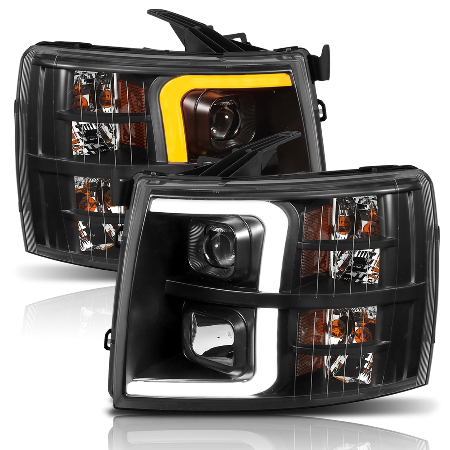 ANZO USA Projector Headlights w/ Plank Style Switchback Black w/ Amber