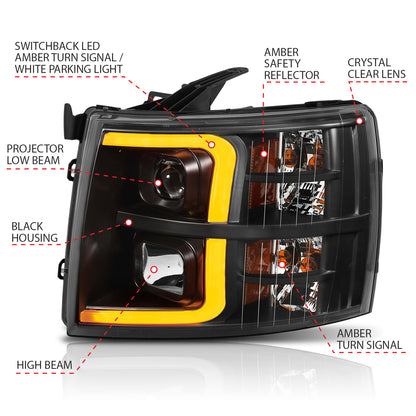 ANZO USA Projector Headlights w/ Plank Style Switchback Black w/ Amber